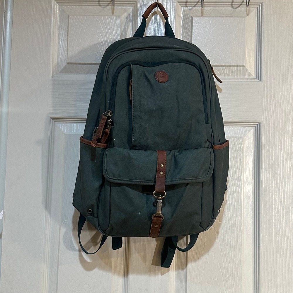 Timberland Canvas Backpack Forest Green Leather Trim Outdoor Laptop Bag Travel